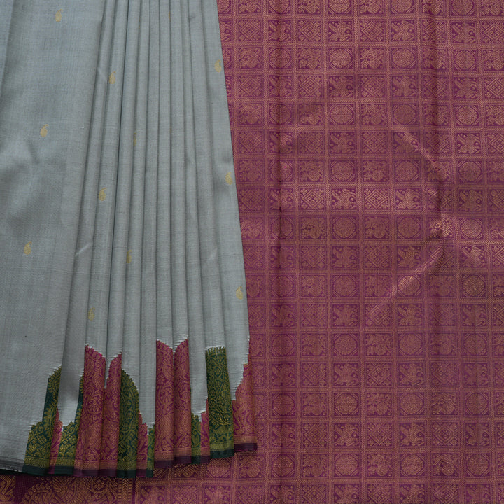 Hayagrivas Handloom Silver Grey Kanjivaram Silk Saree with Turning Border KBF504F2-1