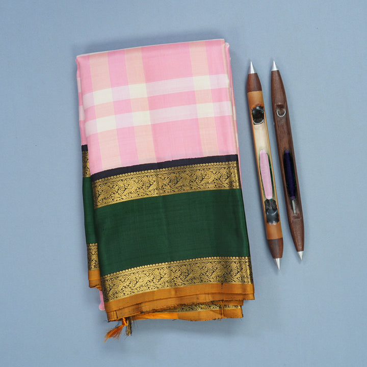Hayagrivas Handloom Baby Pink &amp; Cream Checks Kanjivaram Silk Saree with Bottle Green Border KBF505F2-1