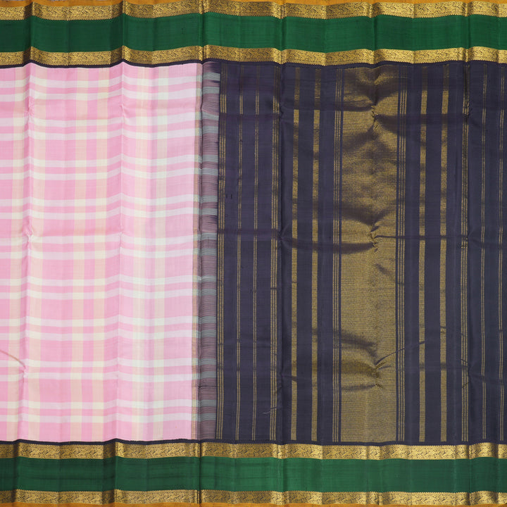 Hayagrivas Handloom Baby Pink &amp; Cream Checks Kanjivaram Silk Saree with Bottle Green Border KBF505F2-1