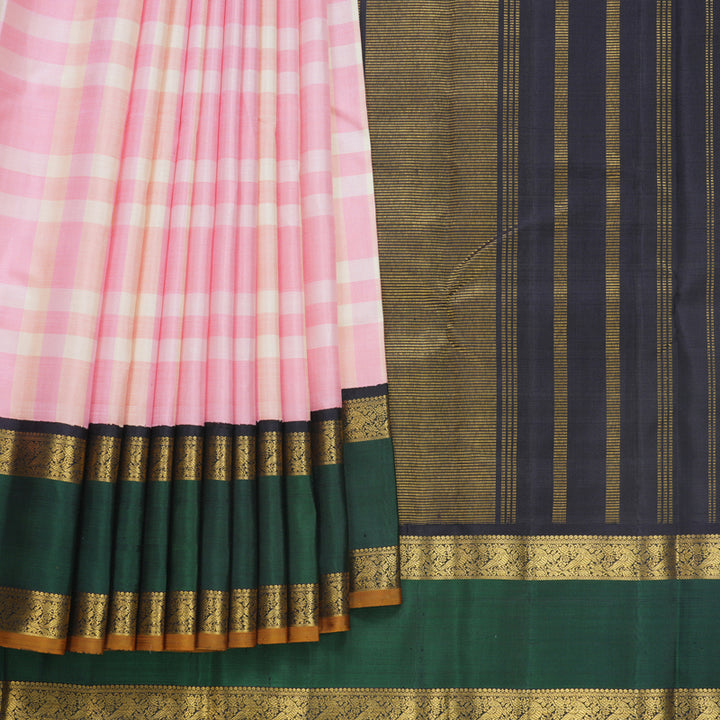 Hayagrivas Handloom Baby Pink &amp; Cream Checks Kanjivaram Silk Saree with Bottle Green Border KBF505F2-1