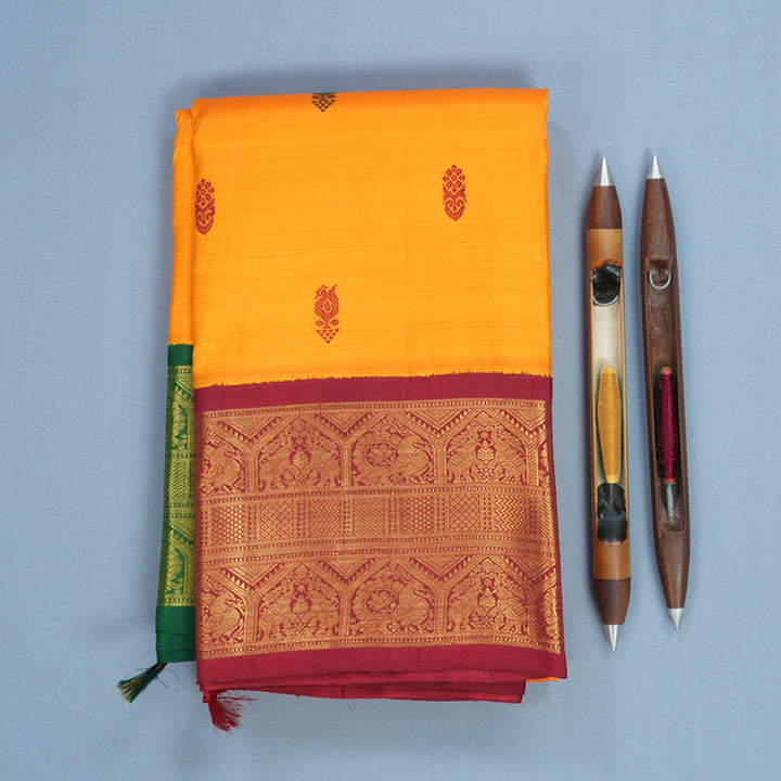Hayagrivas Handloom Mambazham Orange Kanjivaram Silk Saree with Ganga Jamuna Border KBF508F1-1