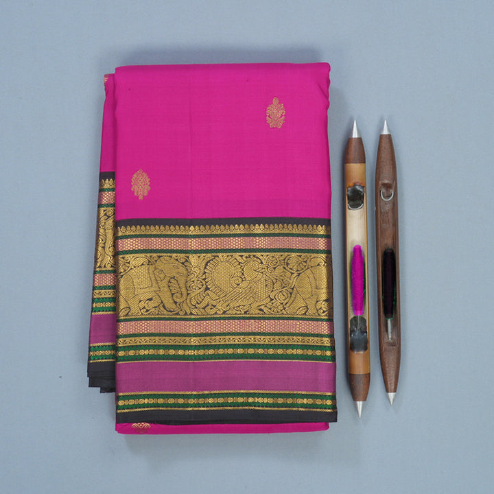 Hayagrivas Handloom Magenta-Pink Kanjivaram Silk Saree with Black Border KBF509F3-1
