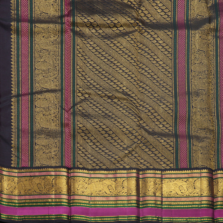 Hayagrivas Handloom Magenta-Pink Kanjivaram Silk Saree with Black Border KBF509F3-1