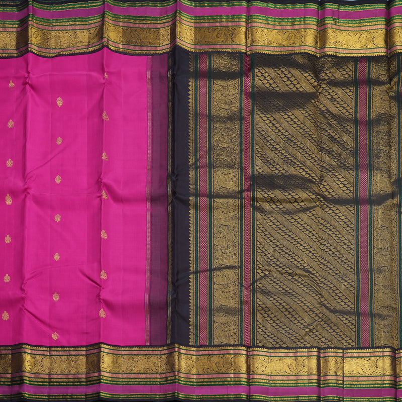 Hayagrivas Handloom Magenta-Pink Kanjivaram Silk Saree with Black Border KBF509F3-1