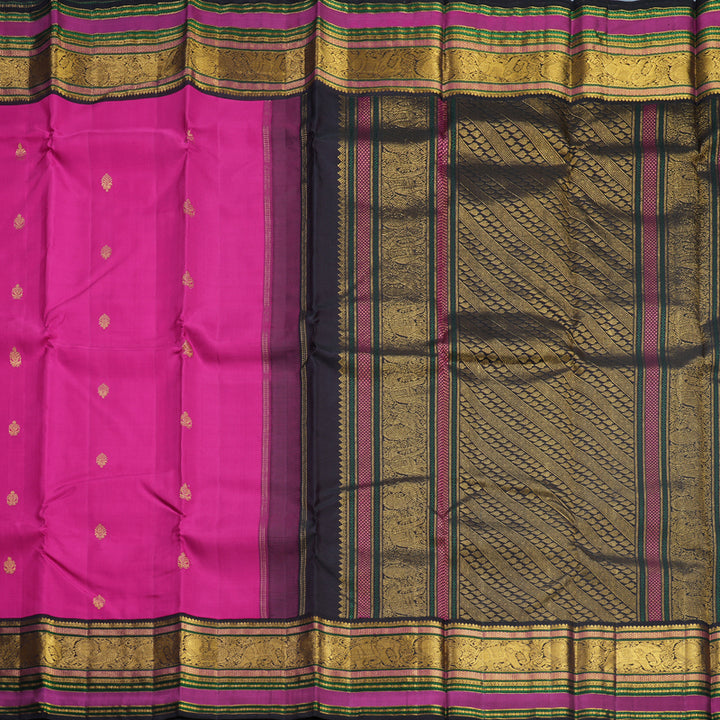 Hayagrivas Handloom Magenta-Pink Kanjivaram Silk Saree with Black Border KBF509F3-1