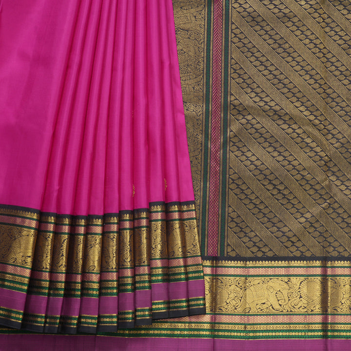 Hayagrivas Handloom Magenta-Pink Kanjivaram Silk Saree with Black Border KBF509F3-1
