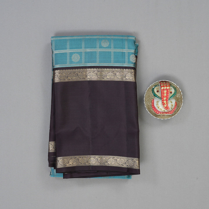 Hayagrivas Handloom Greyish-Blue Kanjivaram Silk Saree with Plum Purple Border KBF50D15-5