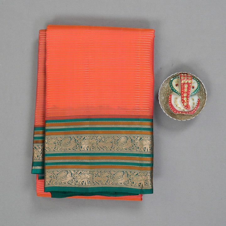 Hayagrivas Handloom Bright Peach Pink Kanjivaram Silk Saree with Green Border KBF50D20-1