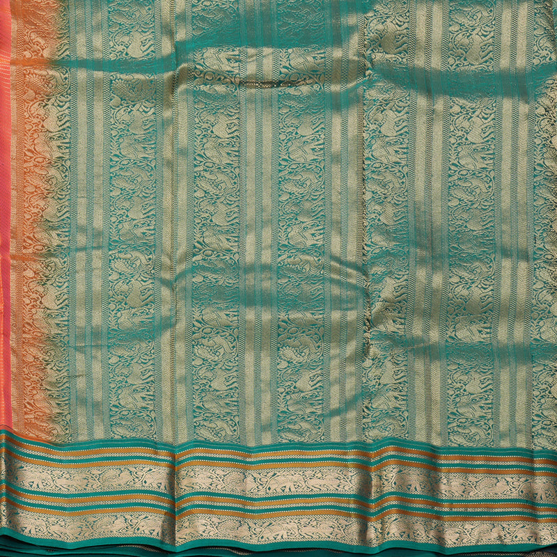 Hayagrivas Handloom Bright Peach Pink Kanjivaram Silk Saree with Green Border KBF50D20-1