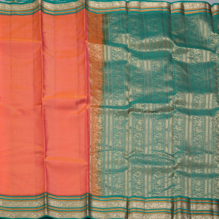 Hayagrivas Handloom Bright Peach Pink Kanjivaram Silk Saree with Green Border KBF50D20-1