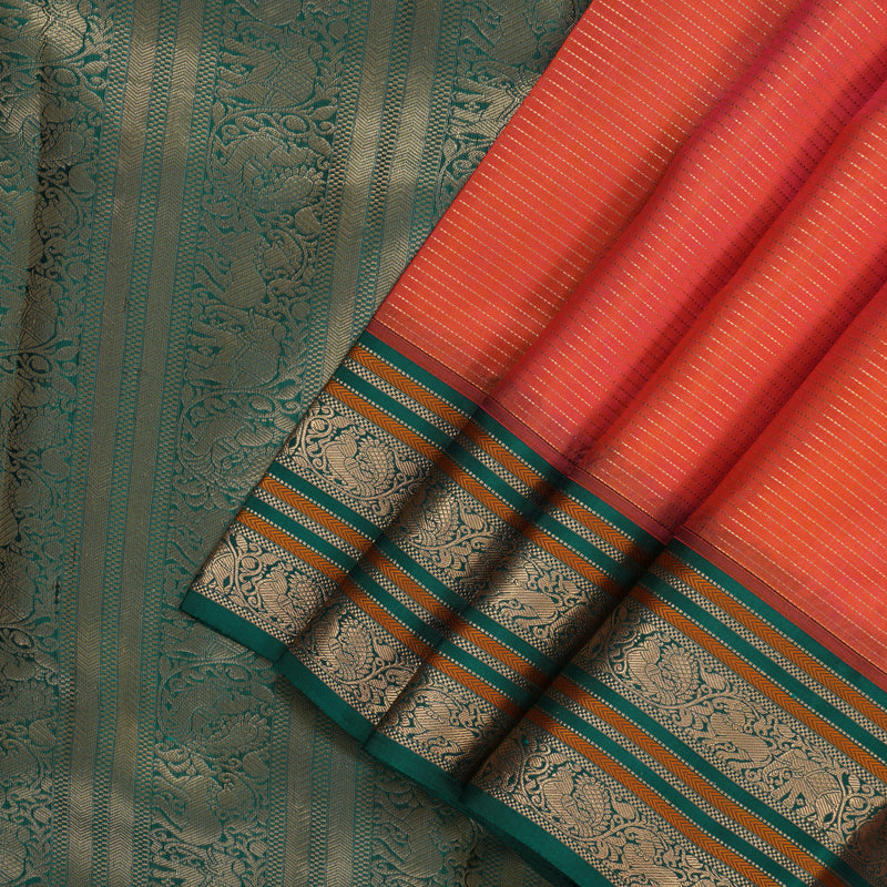 Hayagrivas Handloom Bright Peach Pink Kanjivaram Silk Saree with Green Border KBF50D20-1
