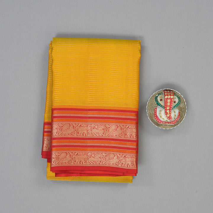 Hayagrivas Handloom Turmeric Yellow Kanjivaram Silk Saree with Red Border KBF50D20-3