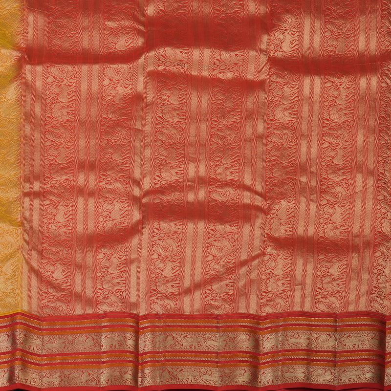 Hayagrivas Handloom Turmeric Yellow Kanjivaram Silk Saree with Red Border KBF50D20-3