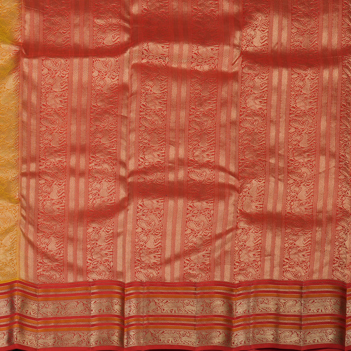 Hayagrivas Handloom Turmeric Yellow Kanjivaram Silk Saree with Red Border KBF50D20-3