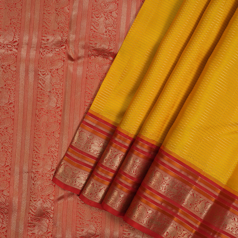 Hayagrivas Handloom Turmeric Yellow Kanjivaram Silk Saree with Red Border KBF50D20-3