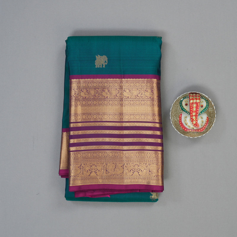 Hayagrivas Handloom Peacock Green Kanjivaram Silk Saree with Vadamalli Purple Border KBF50D23-4