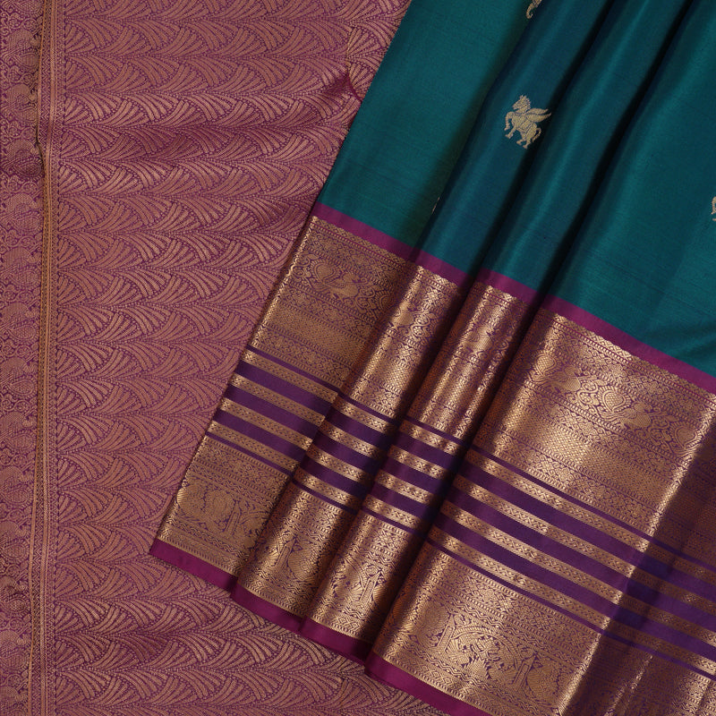 Hayagrivas Handloom Peacock Green Kanjivaram Silk Saree with Vadamalli Purple Border KBF50D23-4