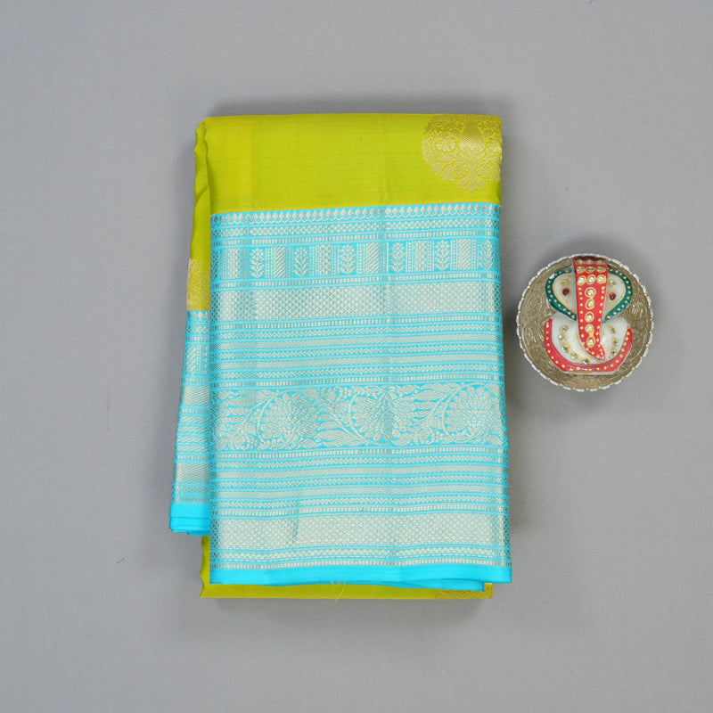 Hayagrivas Handloom Lime Green Kanjivaram Silk Saree with Sky Blue Border KBF50D24-4