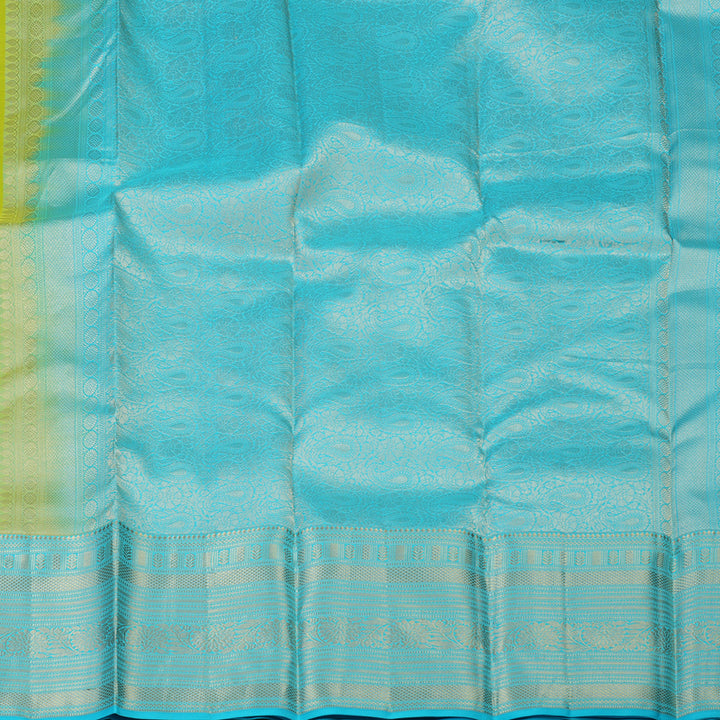 Hayagrivas Handloom Lime Green Kanjivaram Silk Saree with Sky Blue Border KBF50D24-4