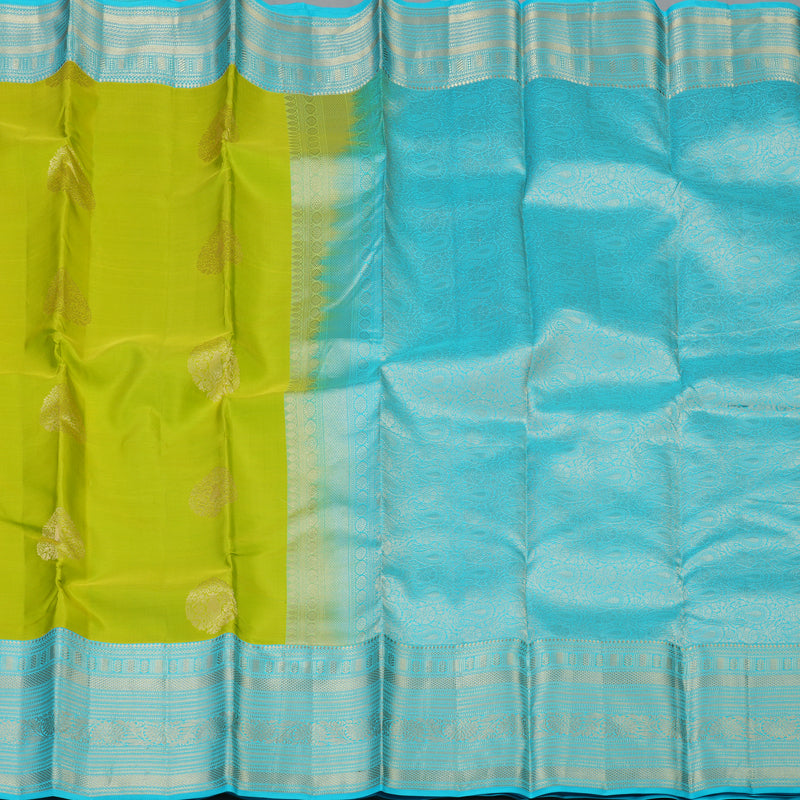 Hayagrivas Handloom Lime Green Kanjivaram Silk Saree with Sky Blue Border KBF50D24-4