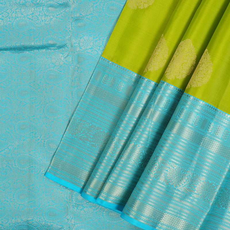 Hayagrivas Handloom Lime Green Kanjivaram Silk Saree with Sky Blue Border KBF50D24-4