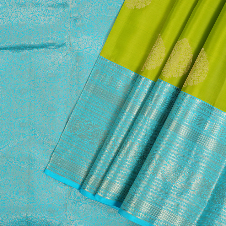 Hayagrivas Handloom Lime Green Kanjivaram Silk Saree with Sky Blue Border KBF50D24-4