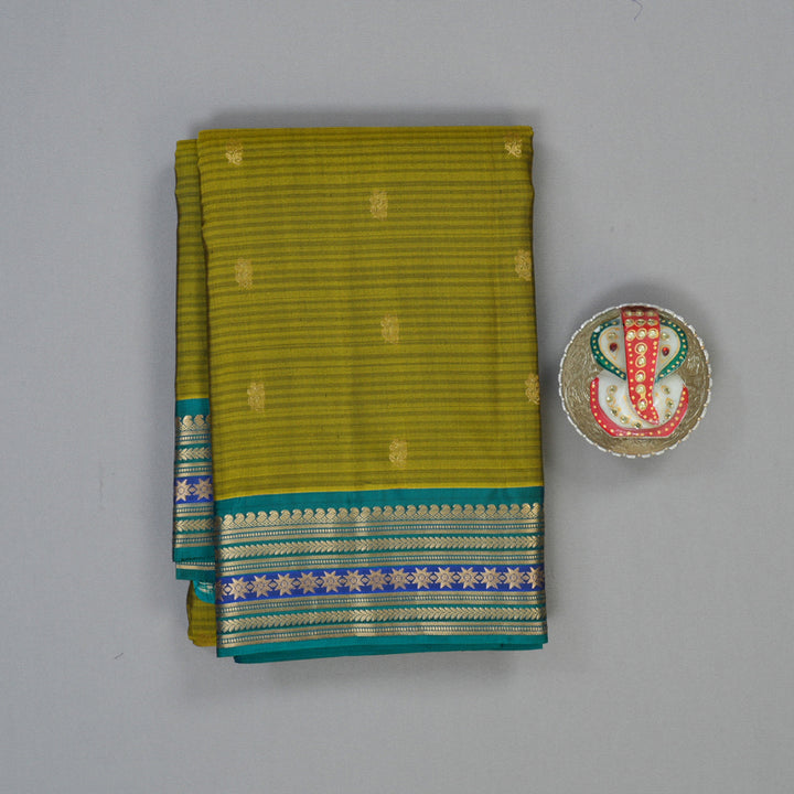 Hayagrivas Handloom Olive Green Kanjivaram Silk Saree with Teal Green Border KBF50D3-1