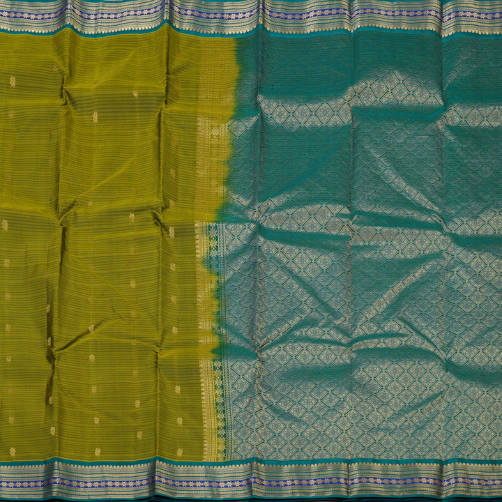 Hayagrivas Handloom Olive Green Kanjivaram Silk Saree with Teal Green Border KBF50D3-1
