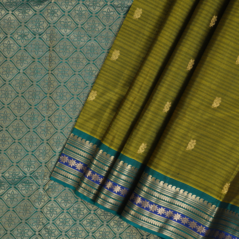 Hayagrivas Handloom Olive Green Kanjivaram Silk Saree with Teal Green Border KBF50D3-1
