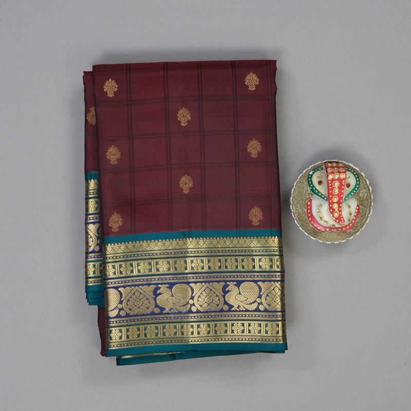 Hayagrivas Handloom Wine Maroon Kanjivaram Silk Saree with Ramar Green Border KBF50D5-4