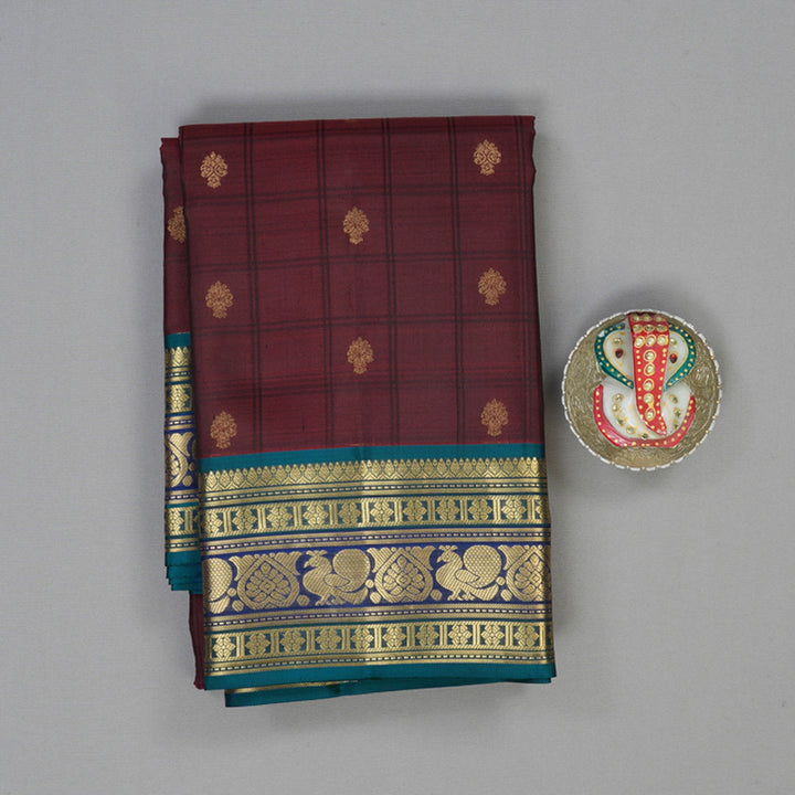 Hayagrivas Handloom Wine Maroon Kanjivaram Silk Saree with Ramar Green Border KBF50D5-4