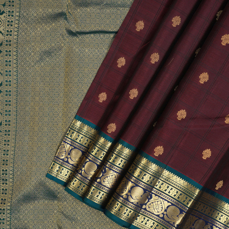 Hayagrivas Handloom Wine Maroon Kanjivaram Silk Saree with Ramar Green Border KBF50D5-4