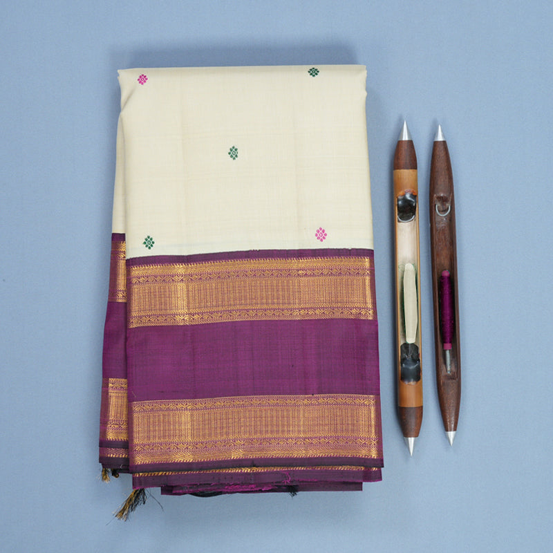 Hayagrivas Handloom Beige Kanjivaram Silk Saree with Purple Border KBF510F10-1