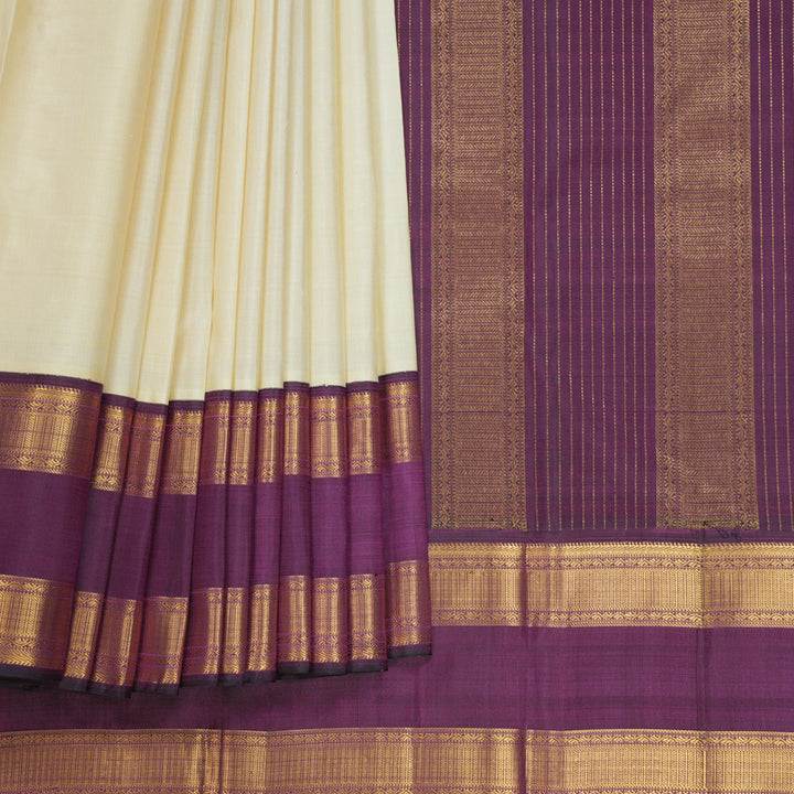 Hayagrivas Handloom Beige Kanjivaram Silk Saree with Purple Border KBF510F10-1