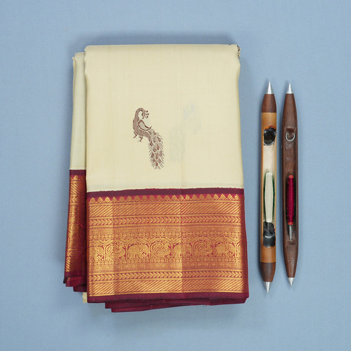Hayagrivas Handloom Creamy Ivory Kanjivaram Silk Saree with Wine Maroon Border KBF510F7-1