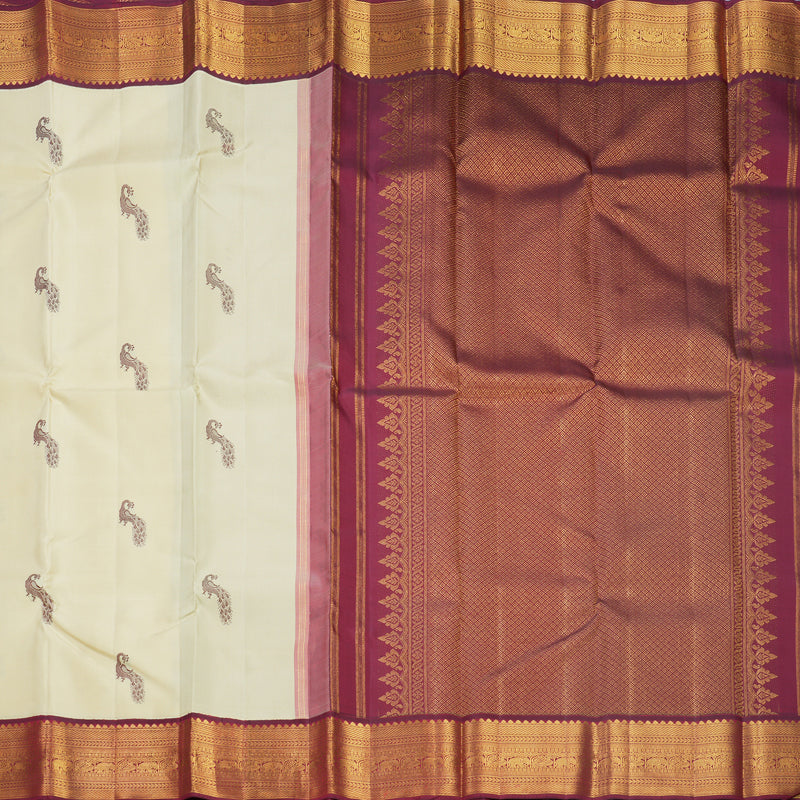Hayagrivas Handloom Creamy Ivory Kanjivaram Silk Saree with Wine Maroon Border KBF510F7-1