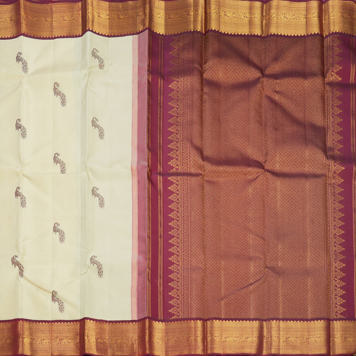 Hayagrivas Handloom Creamy Ivory Kanjivaram Silk Saree with Wine Maroon Border KBF510F7-1