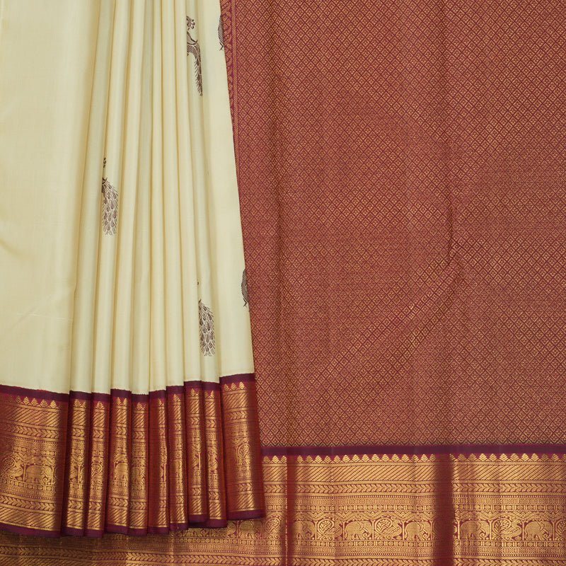 Hayagrivas Handloom Creamy Ivory Kanjivaram Silk Saree with Wine Maroon Border KBF510F7-1