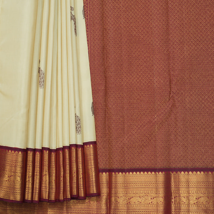 Hayagrivas Handloom Creamy Ivory Kanjivaram Silk Saree with Wine Maroon Border KBF510F7-1