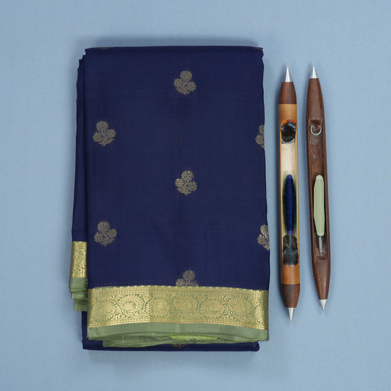 Hayagrivas Handloom Navy Blue Kanjivaram Silk Saree with Elaichi Green Border KBF511F1-5