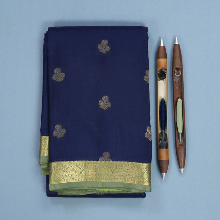 Hayagrivas Handloom Navy Blue Kanjivaram Silk Saree with Elaichi Green Border KBF511F1-5