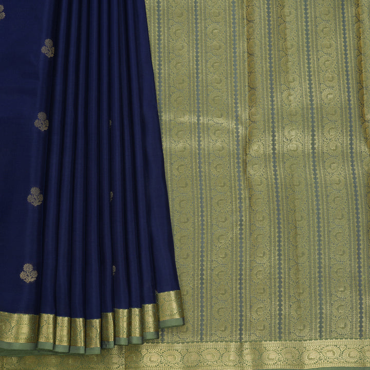 Hayagrivas Handloom Navy Blue Kanjivaram Silk Saree with Elaichi Green Border KBF511F1-5
