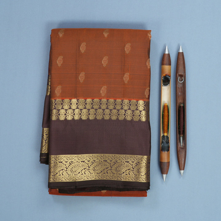 Hayagrivas Handloom Rust Orange Kanjivaram Silk Saree with Brown Border KBF511F2-3