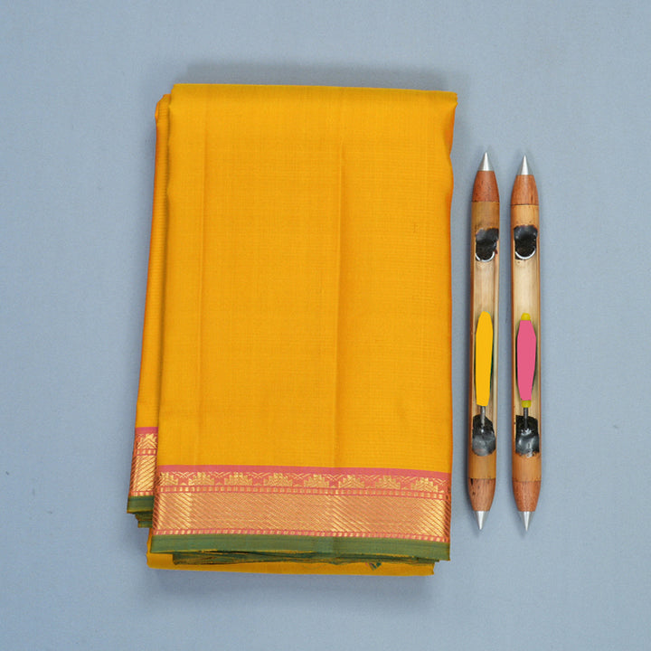Hayagrivas Handloom Mustard Yellow Kanjivaram Silk Saree with Pink Border KBF512F1-1