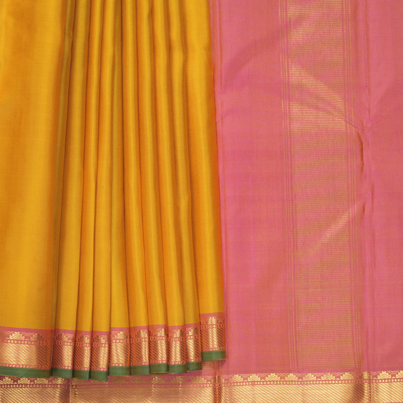 Hayagrivas Handloom Mustard Yellow Kanjivaram Silk Saree with Pink Border KBF512F1-1