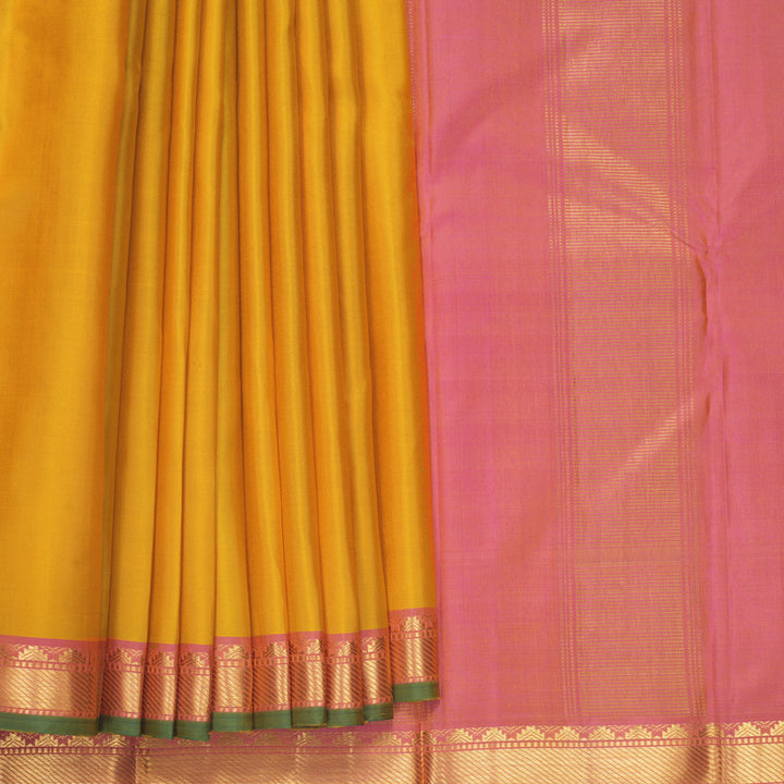 Hayagrivas Handloom Mustard Yellow Kanjivaram Silk Saree with Pink Border KBF512F1-1