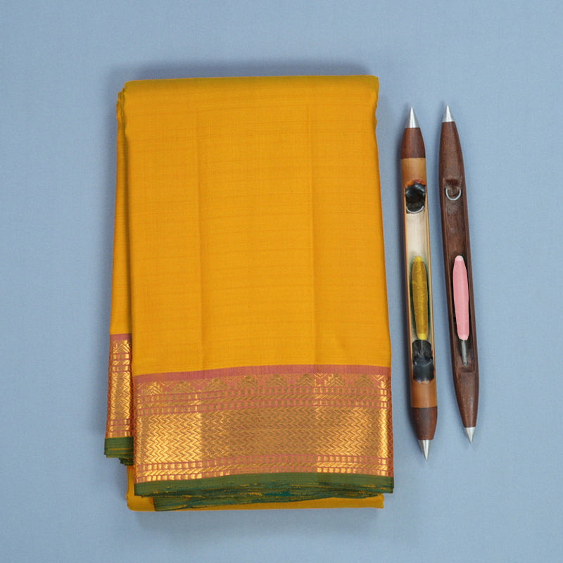 Hayagrivas Handloom Mustard Yellow Kanjivaram Silk Saree with Pink Border KBF512F3-5