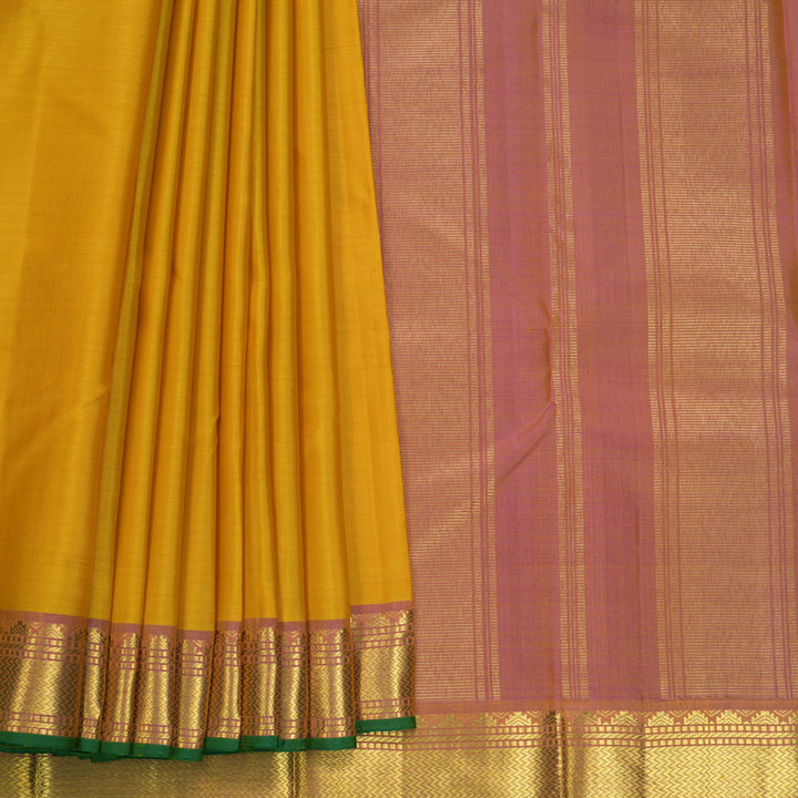 Hayagrivas Handloom Mustard Yellow Kanjivaram Silk Saree with Pink Border KBF512F3-5