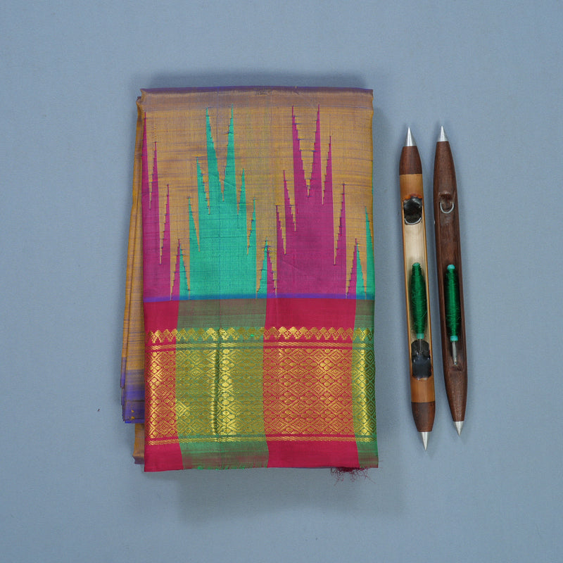 Hayagrivas Dual Toned Yellow &amp; Blue Pure One-sided Border Kanjivaram Silk Saree KBF513F1-3