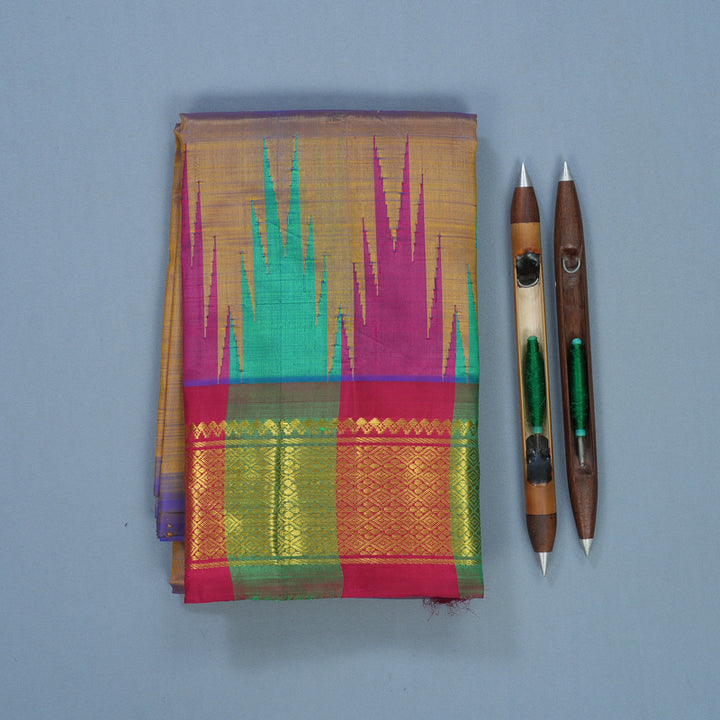 Hayagrivas Dual Toned Yellow &amp; Blue Pure One-sided Border Kanjivaram Silk Saree KBF513F1-3